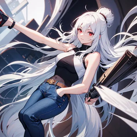 White hair , dark red eyes,a sleeveless turtleneck shirt a bright blue converse jean pants,her hair is down, a 