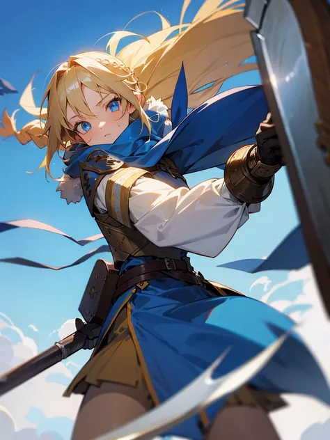 Anime Girl, Swinging Big Axe, Blue eye [Blond hair, braid] [Nordic, Brown armor decorated with fur] Blue scarf, blue thunder, dark