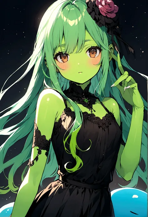 Slime Green Skin Teen Girl, with brown eyes, semi blue and semi green hair, with clothes.