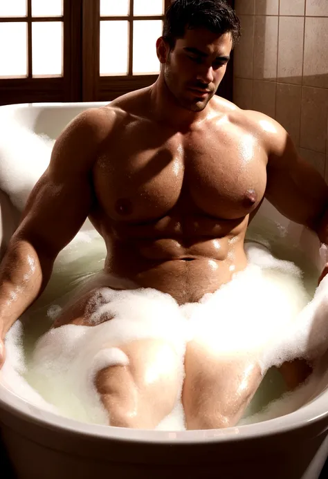 A handsome man with a big chest in a bathtub, bubble bath, big pecs, attractive male, sexy masculine, relaxing, handsome male, oppai, oppai proportions, cinematic lighting, high contrast, vivid colors, 8k, masterpiece