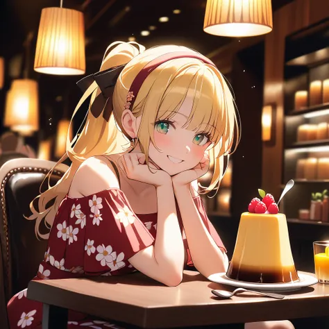 1girl, beautiful young girl, cute smile, long yellow hair, ponytail, hairband, green eyes, floral print dress, off-shoulder, sitting on chair, front of her table, pudding, spoon, drink, enjoying, hands down, background restaurant, publics, cinematic lighti...