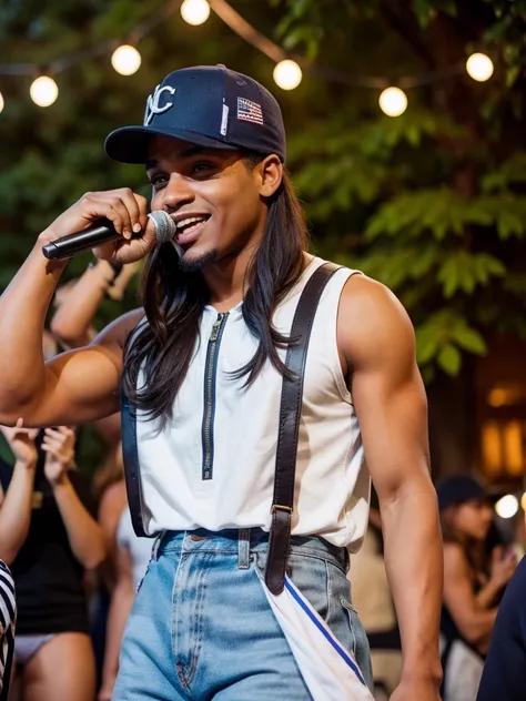 man in cap, pop music singer, singing at an outdoor party with many women.
