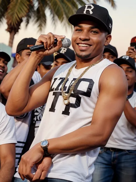 man in cap, pop music singer, singing at an outdoor party with many women.
