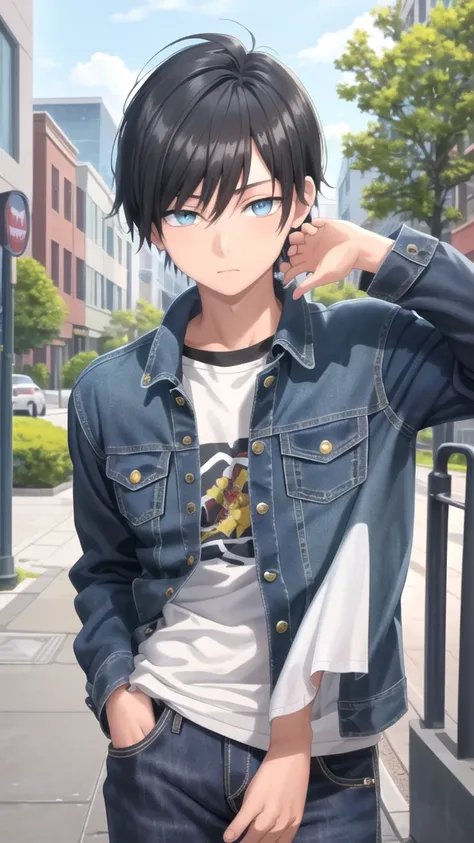 masterpiece, best quality, high quality, 1boy, solo, 14-year-old boy,male focus, looking at viewer , black hair, old-school swoop haircut,upper body ,blue jean jacket, emerald eyes,