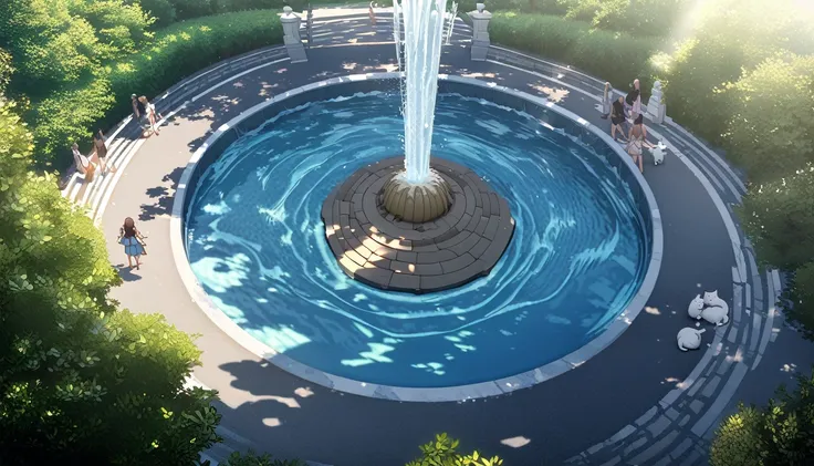 summer heat, anime aestetics, noon, park full of trees, big fountain in the center, greek style fountain, beautiful white cat la...