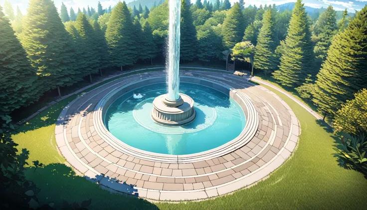 summer heat, anime aestetics, noon, park full of trees, big fountain in the center, greek style fountain, beautiful white cat la...