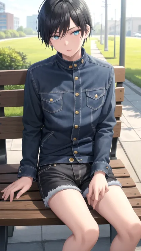 masterpiece, best quality, high quality, 1boy, solo, 14-year-old boy,evil boy,male focus, looking at viewer , black hair, old-school swoop haircut,blue jean jacket,black shorts, emerald eyes, sitting on a bench 