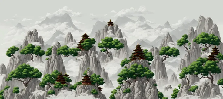 there are many trees growing on the mountain tops, temple background, pagodas on hills, zen temple background, background depicting a temple, dojo on a mountain, detailed scenery —width 672, mountainous background, ancient city landscape, background fortre...