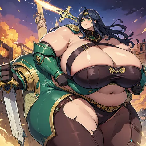 a fat woman, long yellow and green eyes, metal armor, sword on back, bbw, fat, overweight, fantasy, epic, dramatic, warrior