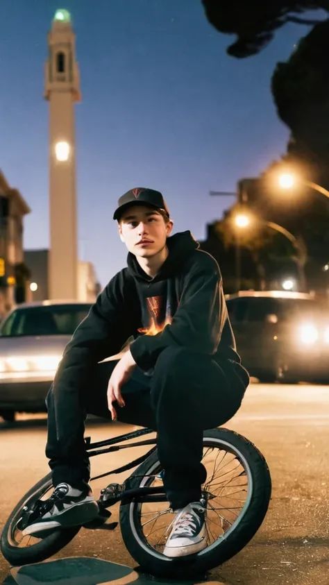 Y2k era magazine cover photo, medium frame low angle shot from below, sharp focus, low-light cross-processed film still, capturing a 18 year old man posing, sitting on a BMX bike, wearing garb grom karmaloop, church parking lot, church in the background, d...