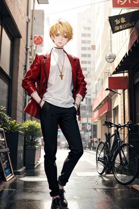 ((best qualityer)) young effeminate teenager, short and voluminous blonde hair, amber triangular eyes, wear loose urban clothes 