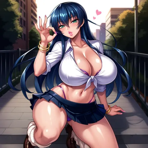 
score_9, score_8_up, score_7_up, score_6_up, uncensored, source_anime, BREAK, igawa asagi, blue hair, long hair, hair between eyes, green eyes, large breasts, knee up, cowboy shot, fellatio gesture, heart, 1girl, solo, looking at viewer, blush, parted lip...