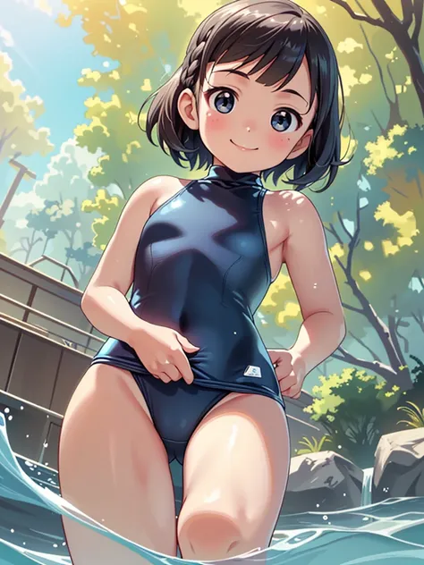 Highest quality, masterpiece, Ultra-high resolution, (Realistic:1.4), RAW Photos, Intricate details, Big beautiful eyes, Perfect contours, masterpiece, One Girl, ((Middle school students)), Braided Bob, chest is medium size, Competitive swimmer, (one piece...