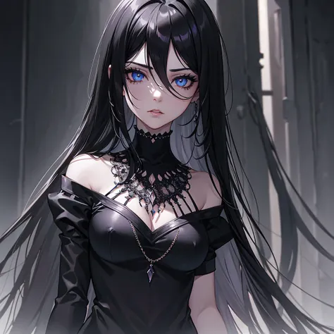 a girl with long black hair, body chains, black top, black pants, detailed face, beautiful detailed eyes, beautiful detailed lips, extremely detailed eyes and face, long eyelashes, ethereal, mysterious, moody, dramatic lighting, cinematic, dark fantasy, da...