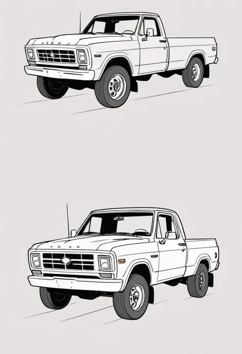 Line drawing of a pickup truck，Vector Art, To flatten, Smooth line art, Minimalism, Graphic design aesthetics, Flat illustration, (masterpiece, best quality, Perfect composition, very aesthetic, absurd, Extremely detailed, Intricate details, professional, ...