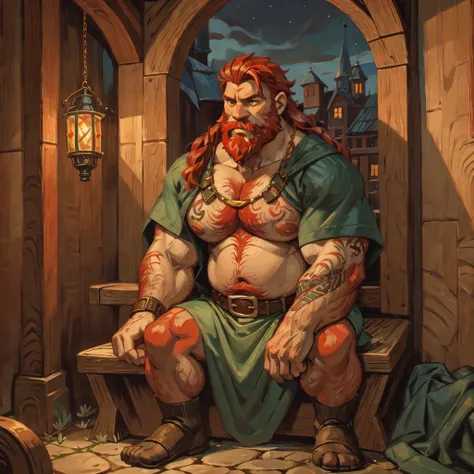 man, Viking, short stature, Age 60 years, strong, thick, big breasts, big belly, Red hair, big red beard, thick body hair, густые Red hair на груди, густые Red hair на животе, густые Red hair на лобке, густые Red hair на яйцах, thick hair on arms, thick ha...