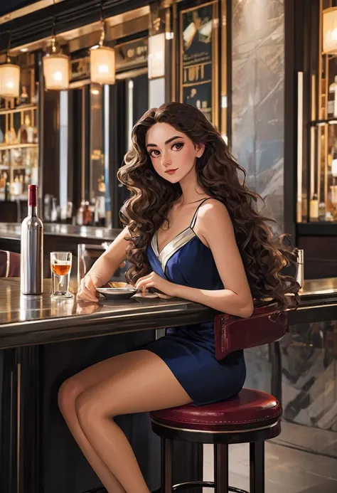 Italian girl with long curly brown hair, elegant dress sitting at a bar eating, angular face