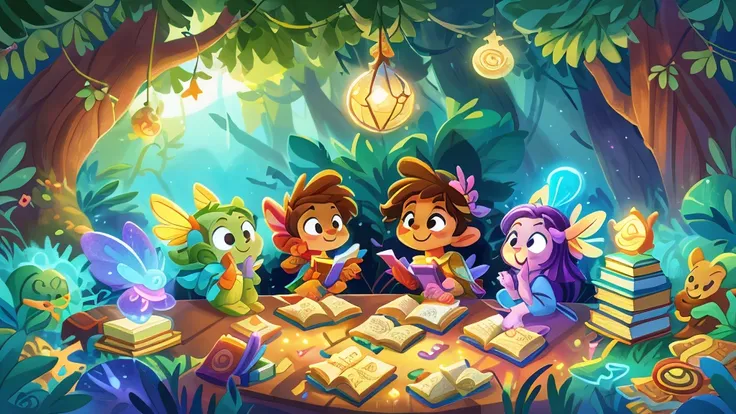 Create an enchanting and whimsical illustration for a YouTube channel named Magic Minute Stories focused on short stories for kids. The artwork should feature magical elements like fairies, books, stars, and other imaginative elements that evoke wonder and...