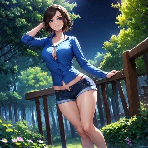 a woman, wearing a blue shirt, black denim shorts, short brown hair, blue eyes, smiling. in a park at night overlooking a forest, a lit place,.HDR, ultra resolution, well defined, masterpiece, 8K HD. (solo woman)
