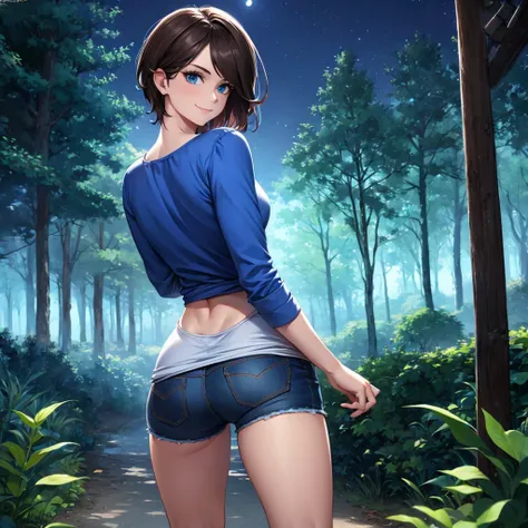 a woman, wearing a blue shirt, black denim shorts, short brown hair, blue eyes, smiling. in a park at night overlooking a forest, a lit place,.HDR, ultra resolution, well defined, masterpiece, 8K HD. (solo woman)
