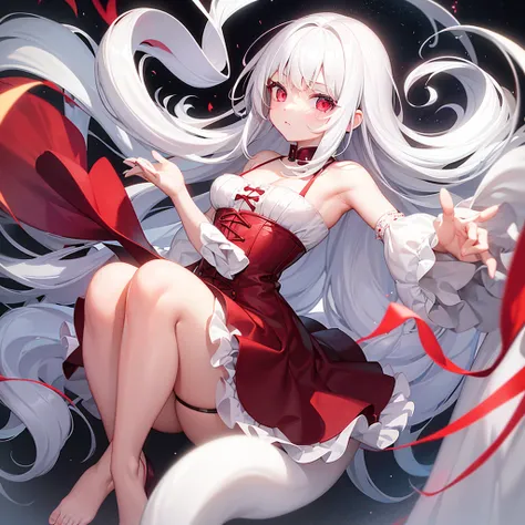 8 year old girl white hair ,Red eyes(one lens),a white dress(that reaches your knees) a little chubby,.