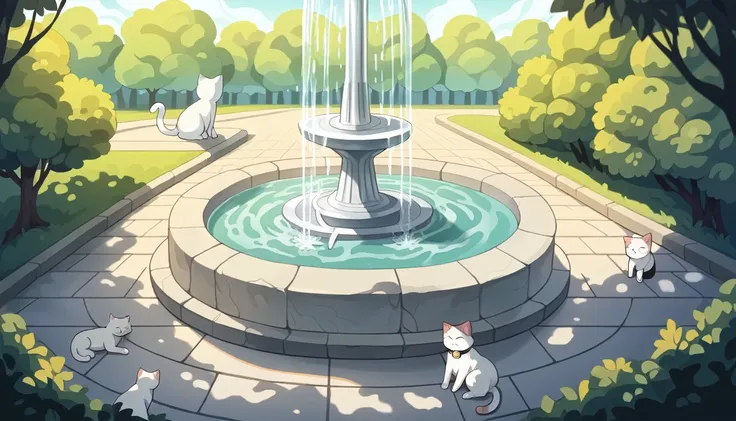 summer heat, anime aestetics, noon, park full of trees, big fountain in the center, greek style fountain, beautiful white cat la...