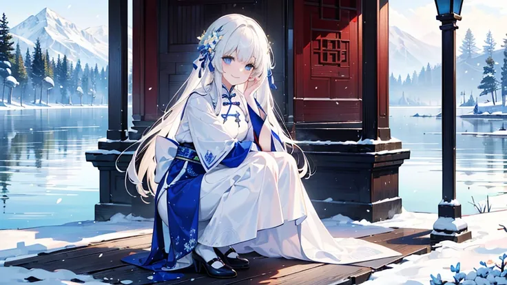 ((best quality，masterpiece，Extremely complex and exquisite details，There is only one beautiful girl with long white straight hair and blue eyes，Smile，long skirt))，(Exquisite light blue and white Chinese clothing，Beautiful bright and exquisite snow-white an...