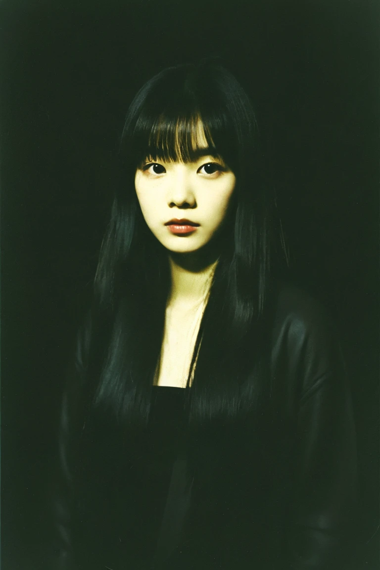 Kodak UltraMax400, normal ID photo, low contrast, handsome woman, bangs under the eyebrows, long flowing hair, wearing a sleek all-black outfit, film texture, dark vibe reminiscent of Wong Kars Fallen Angel - no grayscale, studio photo, masterpiece