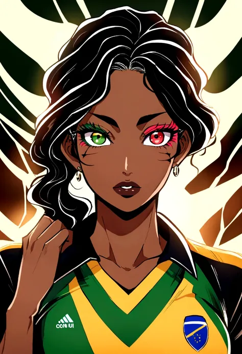 A Brazilian woman, with shoulder-length wavy hair, being half black and the other half red, com um piercing snake bitts, eyes with blue and green heterochromia, With brown skin, with 1,78 tall, wearing the libero uniform of the Brazilian volleyball team, i...