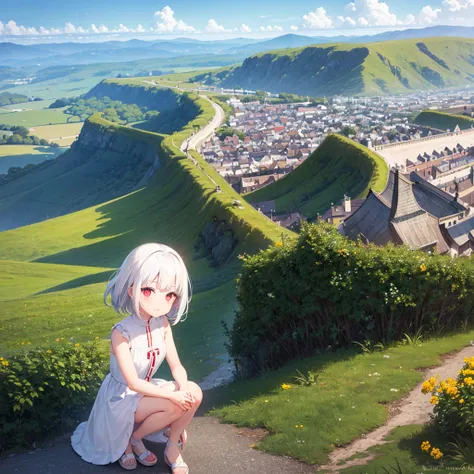 8 year old girl white hair ,Red eyes(one lens),a white dress(that reaches your knees) a little chubby (background a landscape) 