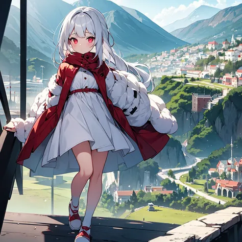 8 year old girl white hair ,Red eyes(one lens),a white dress(that reaches your knees) a little chubby (background a landscape) 