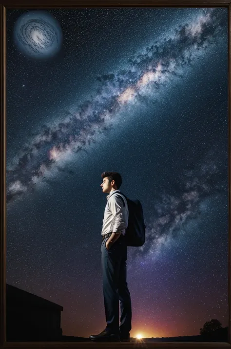 A cover frame that shows a galaxy and a 29-year-old boy observing 