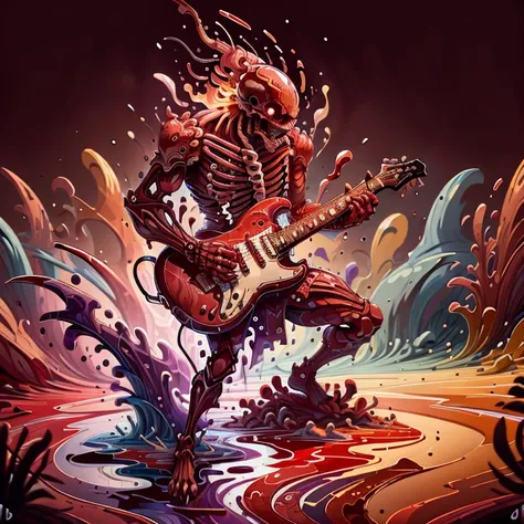 masterpiece, absurdres, extremely detailed, madeofwaterai, red water purple water, skeleton playing an electric guitar, night, volumetric lighting,