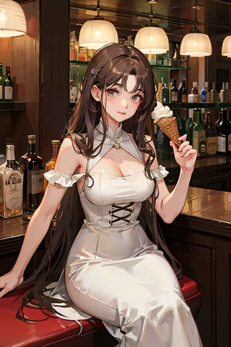 Italian girl with long curly brown hair, elegant dress sitting at a bar eating an ice cream, angular face