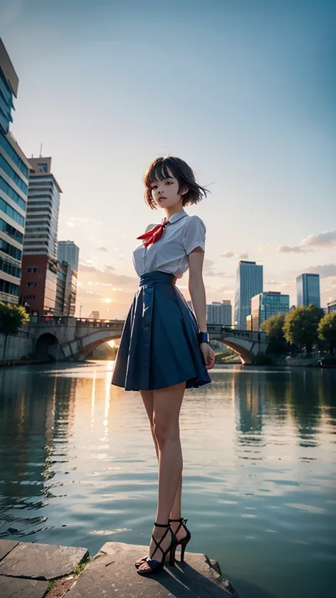 (masterpiece,newest,exceptional:1.2), anime,1girl,bangs,black_hair, beautiful 8k eyes,blue_sky,bridge,building,castle,city,cityscape,cloud,day,dress,looking_at_viewer,outdoors,red_neckwear,red_ribbon,ribbon,river,short_hair,short_sleeves,sky,skyscraper,sol...