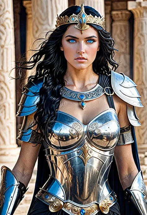 Greek warrior queen with armor blue eyes long and wavy black hair medium breasts and white