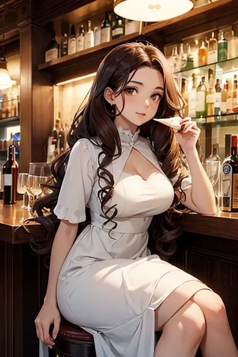 Italian girl with long curly brown hair, elegant dress sitting at a bar eating an ice cream, angular face