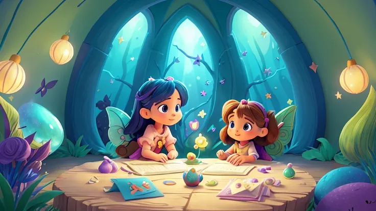 Create an enchanting and whimsical illustration for a YouTube channel named Magic Minute Stories focused on short stories for kids. The artwork should feature magical elements like fairies, books, stars, and other imaginative elements that evoke wonder and...