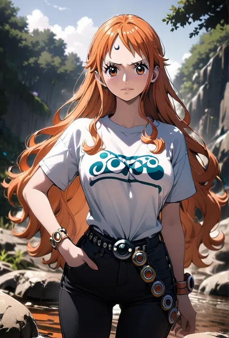 masterpiece, best quality), intricate details, 1 girl, woman, orange hair, nami \ (one piece\), (long hair) ((side bangs)) shirt...