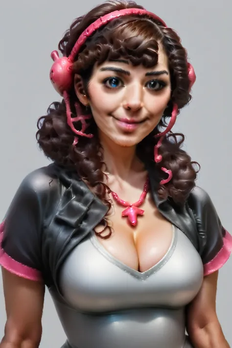 Brown Haired girl, red headphone in hair, blue-grey eyes, intense look, black eyeliner, brown necklace, cleavage, medium breast, pink lips, little smiling, sweet girl. Grey background. Masterpiece, detailed, UHD, (realistic1:3)