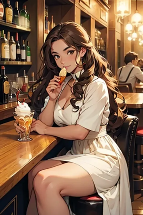 Italian girl with long curly brown hair, elegant dress sitting at a bar eating an ice cream, angular face