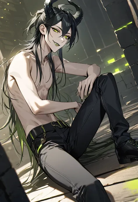 masterpiece, highres, absurdres, illustration, 1boy, sitting on floor, topless, black leather jacket, jeans, dynamic angle, malleus draconia (twisted wonderland) horns, bishounen, boy, male, yana Toboso style, long hair, black hair, yellow green eyes, smil...