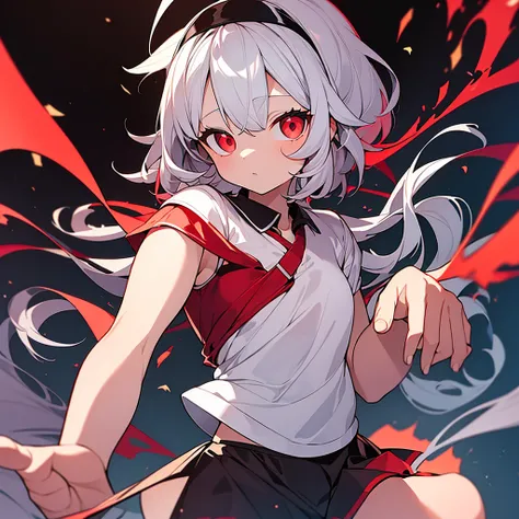 8 year old girl white hair ,Red eyes(one lens),a loose shirt, short , chubby girl (background a school)*