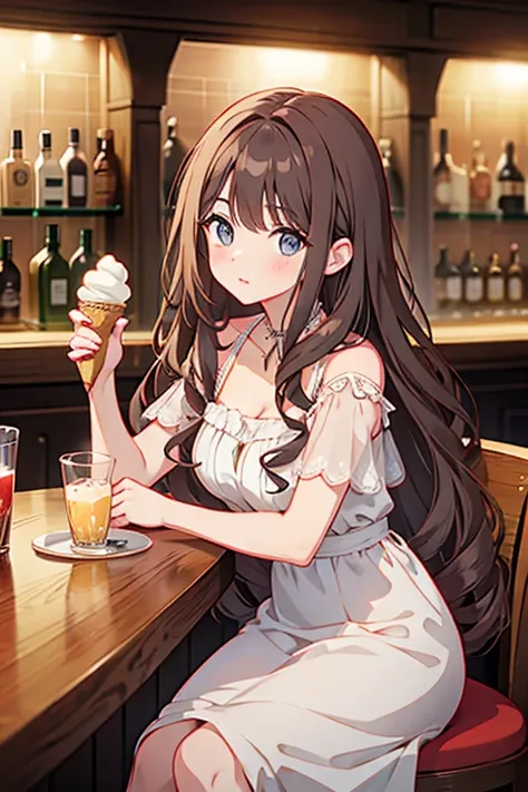 Italian girl with long curly brown hair, elegant dress sitting at a bar eating an ice cream, angular face