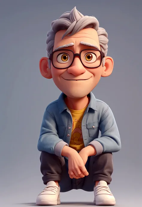 Create a 3D illustration of an animated character sitting casually on top of an "Instagram" social media logo. The character is in his 50s, wears glasses, gray hair and must wear modern casual clothes, such as a denim jacket and sneakers. The background of...