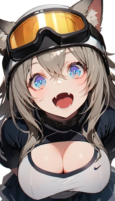 a cartoon girl in sports gear and a hockey helmet poses while looking up, 1girl, breasts, solo, blue eyes, animal ears, goggles, large breasts, fang, open mouth, grey hair, long hair