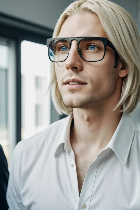 a white skinned male human person, Appearance, smart glasses, sage, bold, genius