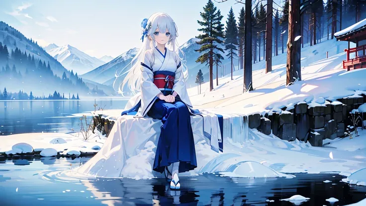 ((best quality，masterpiece，Extremely complex and exquisite details，There is only one beautiful girl with long white straight hair and blue eyes，Smile，long skirt))，(Exquisite light blue and white Japanese clothing，Beautiful bright and exquisite snow-white a...