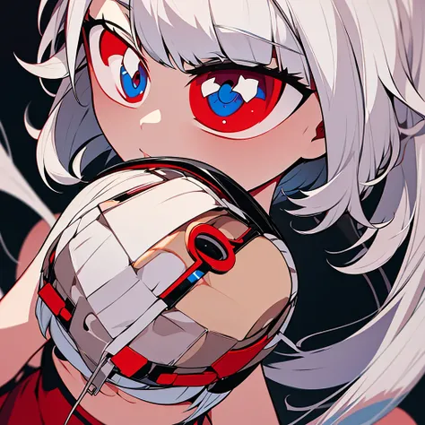 8 year old girl white hair ,Red eyes(one lens),a loose shirt, short , chubby girl (background a school)*