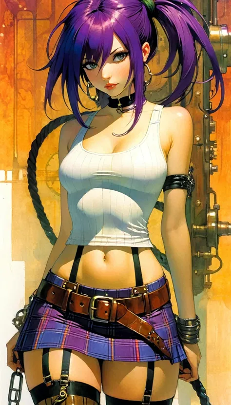 steampunk world. 1.5, Sexy girl, long purple hair, plaid miniskirt, belt rope, small breasts, tight tank top, art inspired by Bill Sienkiewicz
